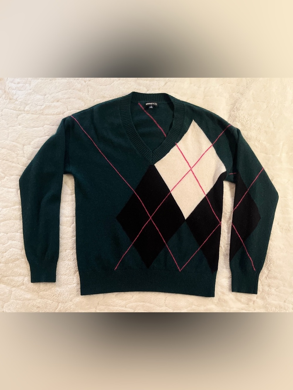 Minnie Rose Green Argyle Cashmere
V-Neck Sweater - Size M